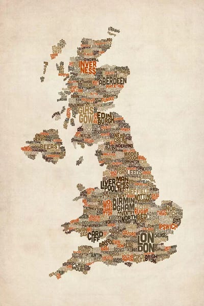 Abstract: Browns Text Map On White Great Britain UK City by Michael Tompsett