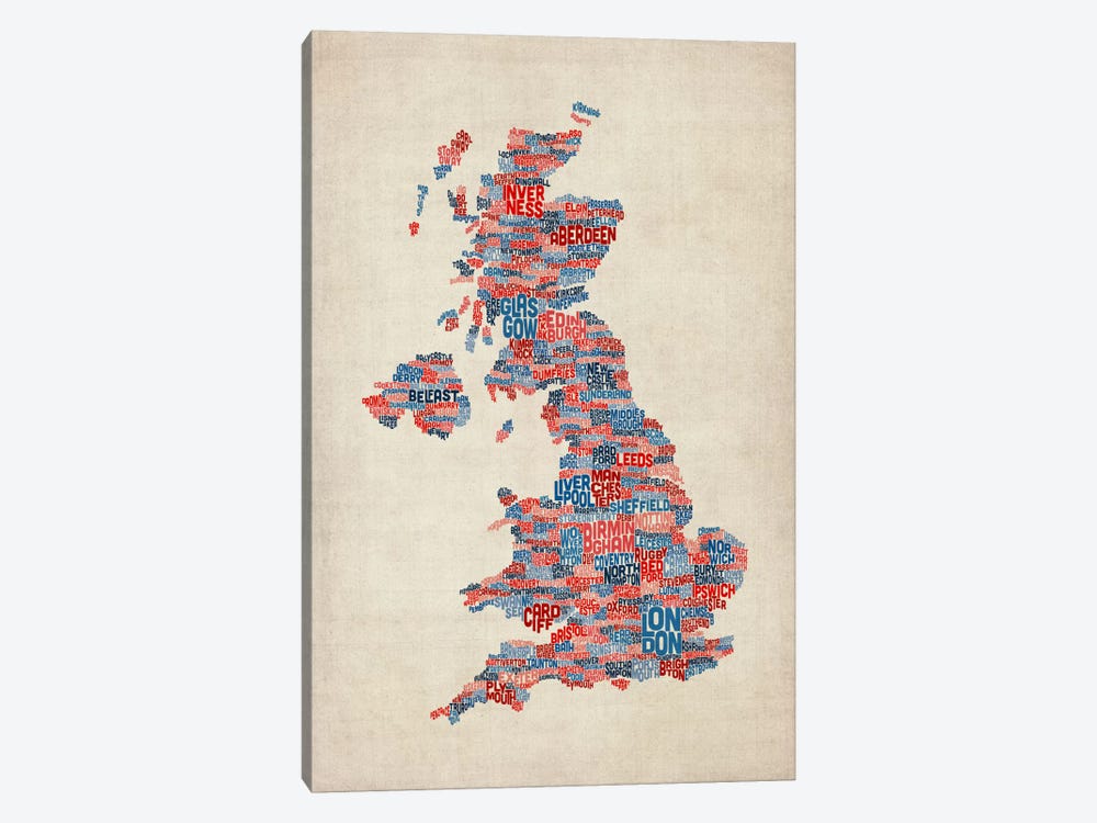 Great Britain UK City Text Map III by Michael Tompsett 1-piece Canvas Art Print