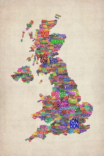 Great Britain UK City Text Map IV by Michael Tompsett multi panel art