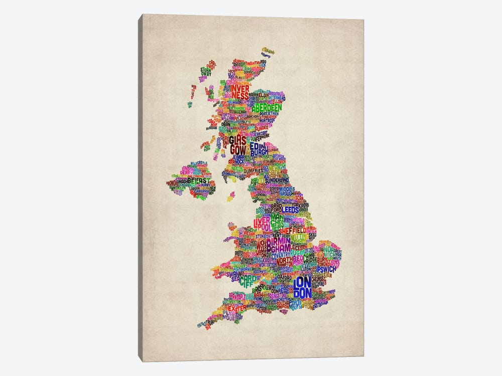 Great Britain UK City Text Map IV by Michael Tompsett 1-piece Canvas Artwork