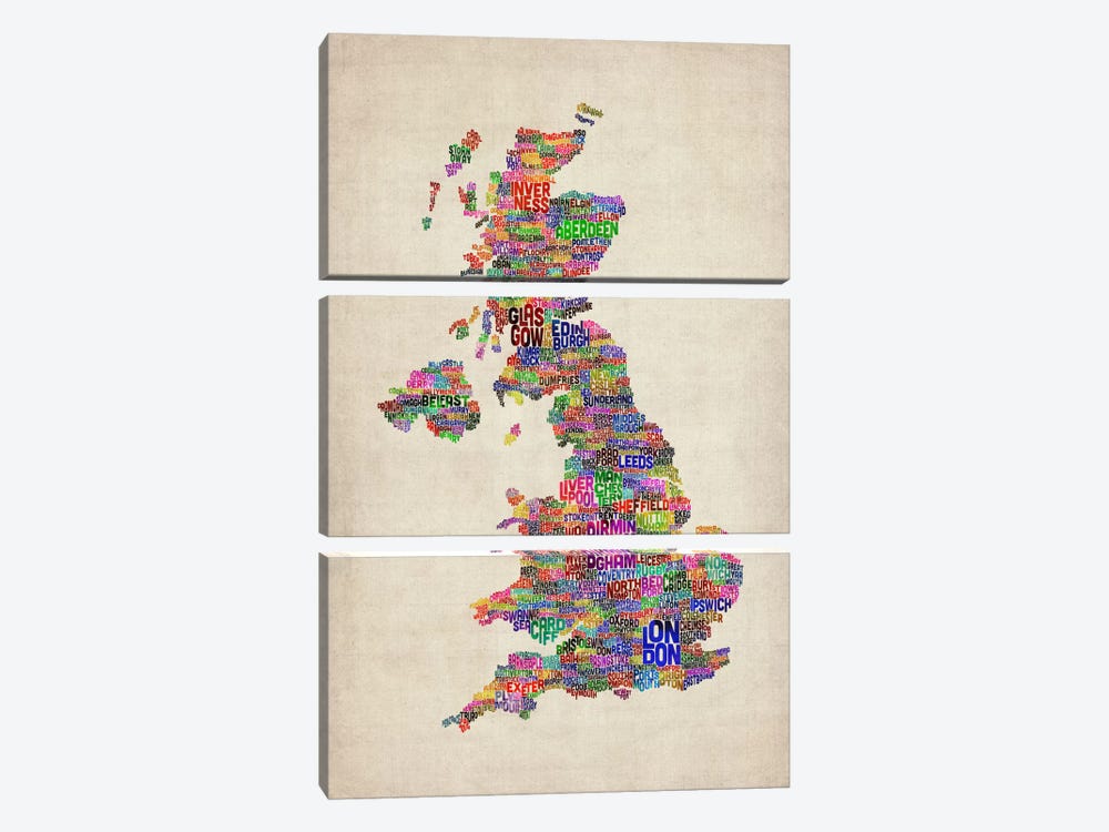 Great Britain UK City Text Map IV by Michael Tompsett 3-piece Canvas Art