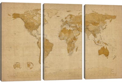 Antique World Map II Canvas Art Print - 3-Piece Map Art