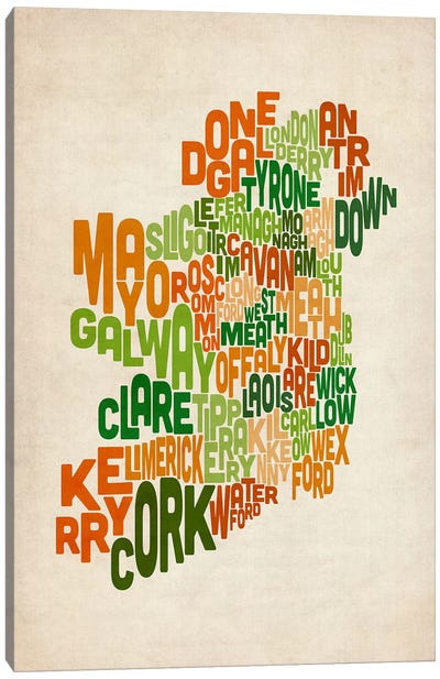 Text Map of Ireland VI Canvas Art Print - St. Patrick's Day