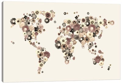 Flower World Map (Sepia) Canvas Art Print - World Map Art