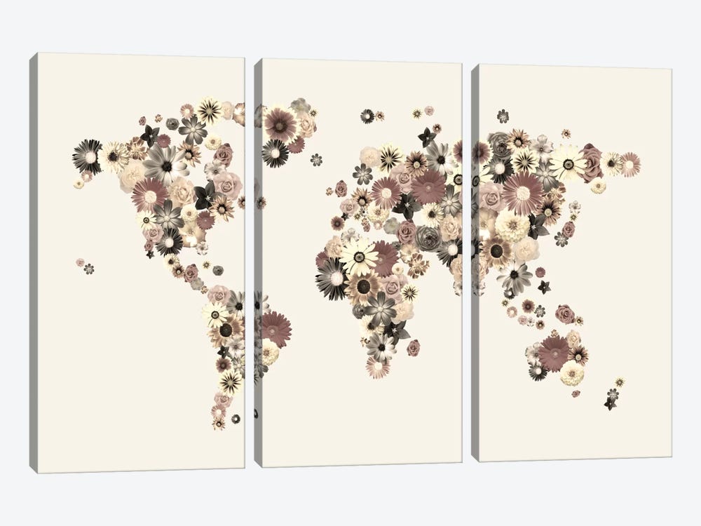Flower World Map (Sepia) by Michael Tompsett 3-piece Canvas Art Print