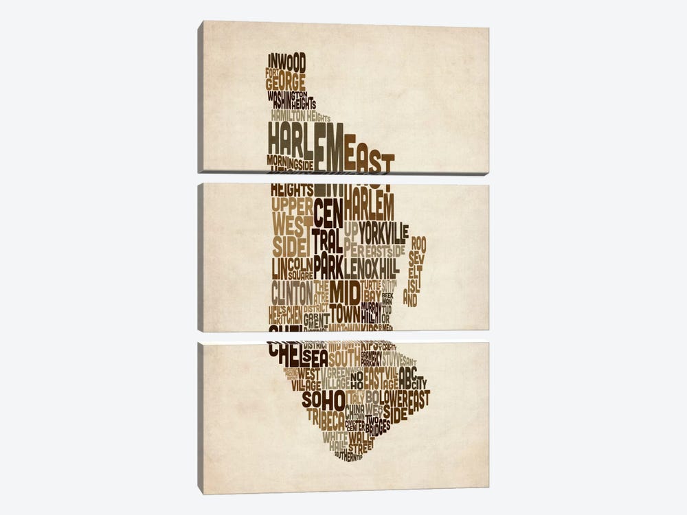 New York Typographic Map III by Michael Tompsett 3-piece Canvas Art Print