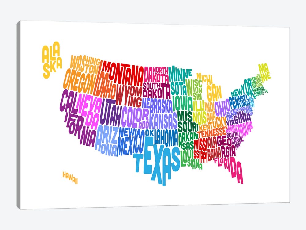 USA (States) Typographic Map by Michael Tompsett 1-piece Canvas Artwork