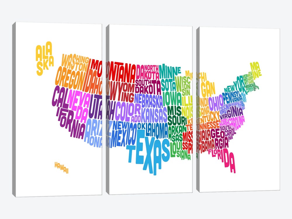 USA (States) Typographic Map by Michael Tompsett 3-piece Canvas Artwork