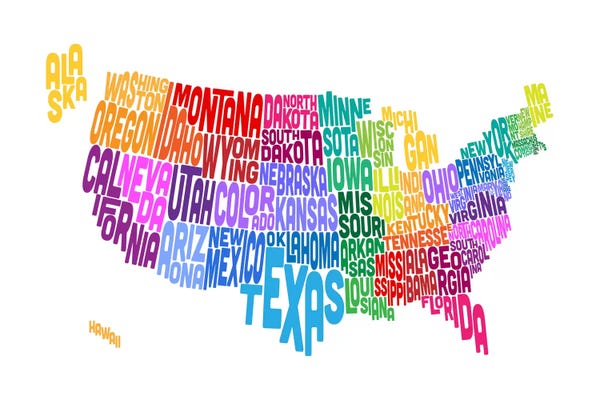 Kids Map Art: USA (States) Typographic Map by Michael Tompsett