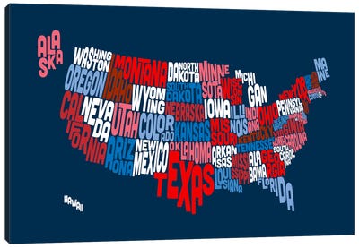 USA (States) Typographic Map II Canvas Art Print - Kids Map Art