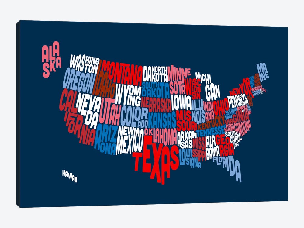 USA (States) Typographic Map II by Michael Tompsett 1-piece Canvas Wall Art