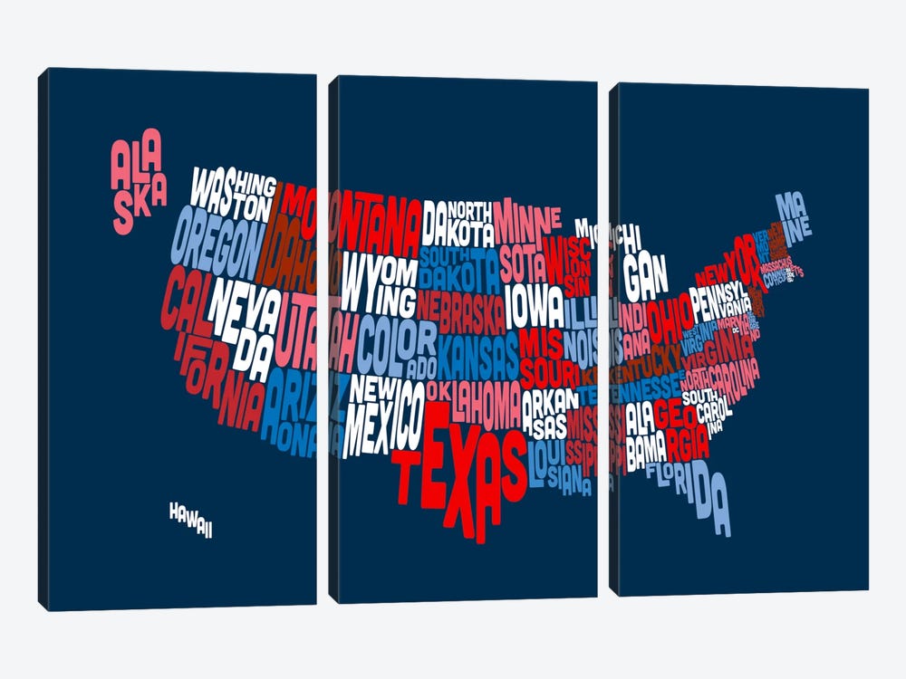 USA (States) Typographic Map II by Michael Tompsett 3-piece Canvas Artwork