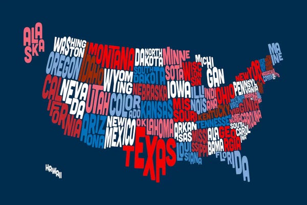 Kids Educational Art: USA (States) Typographic Map II by Michael Tompsett