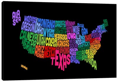 USA (States) Typographic Map III Canvas Art Print - Kids Educational Art