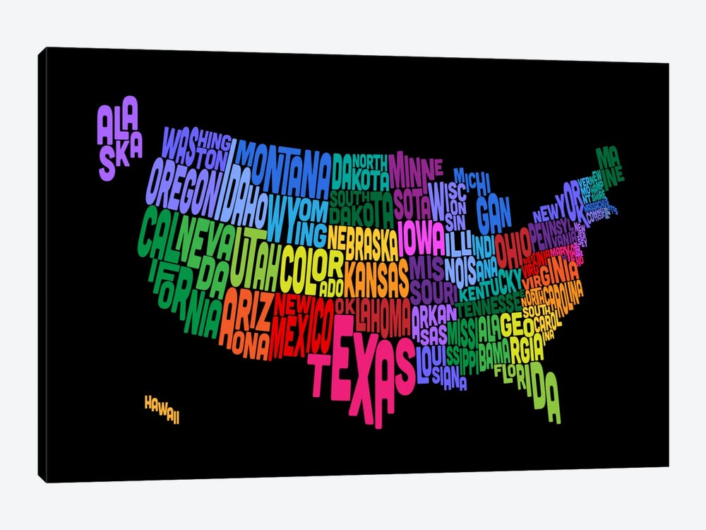 USA (States) Typographic Map III by Michael Tompsett 1-piece Canvas Art Print