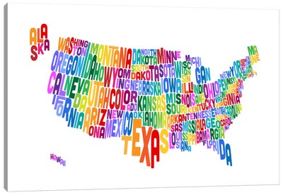 USA (States) Typographic Map IV Canvas Art Print - Kids Map Art