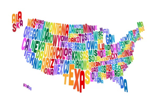 Kids Map Art: USA (States) Typographic Map IV by Michael Tompsett