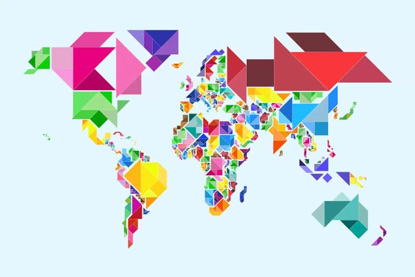 Kids Map Art: Tangram Abstract World Map by Michael Tompsett