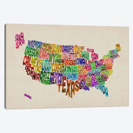 USA (States) Typographic Map VI Canvas Print #8957} by Michael Tompsett Art Print
