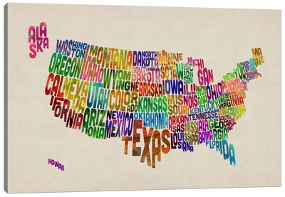USA (States) Typographic Map VI Canvas Art Print - Kids Map Art