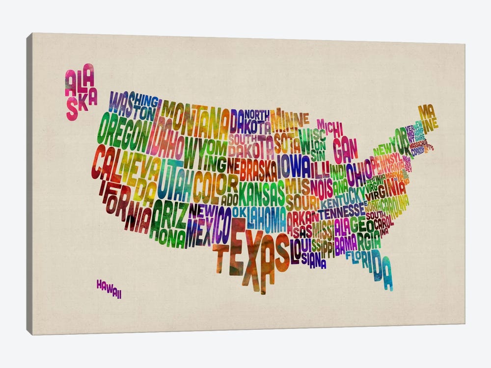 USA (States) Typographic Map VI by Michael Tompsett 1-piece Art Print