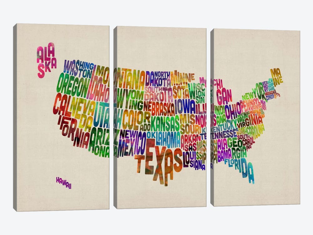 USA (States) Typographic Map VI by Michael Tompsett 3-piece Art Print
