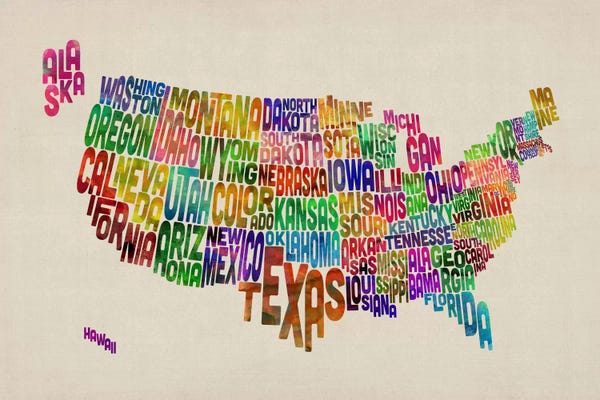 Kids Map Art: USA (States) Typographic Map VI by Michael Tompsett