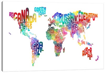 World (Countries) Typographic Map Canvas Art Print - 3-Piece Map Art