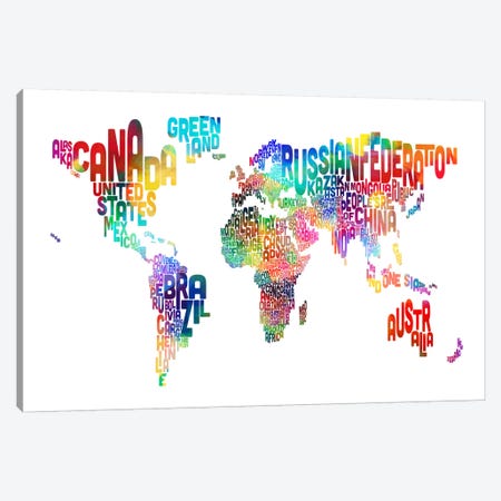 World (Countries) Typographic Map Canvas Print #8958} by Michael Tompsett Canvas Artwork