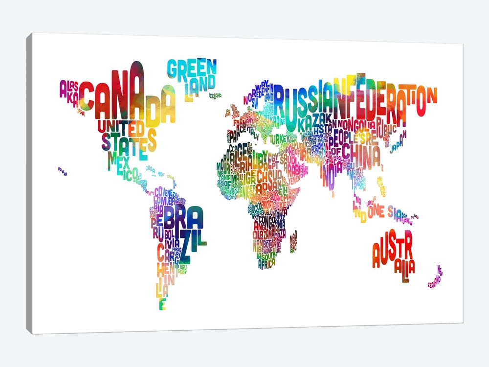World (Countries) Typographic Map by Michael Tompsett 1-piece Canvas Artwork