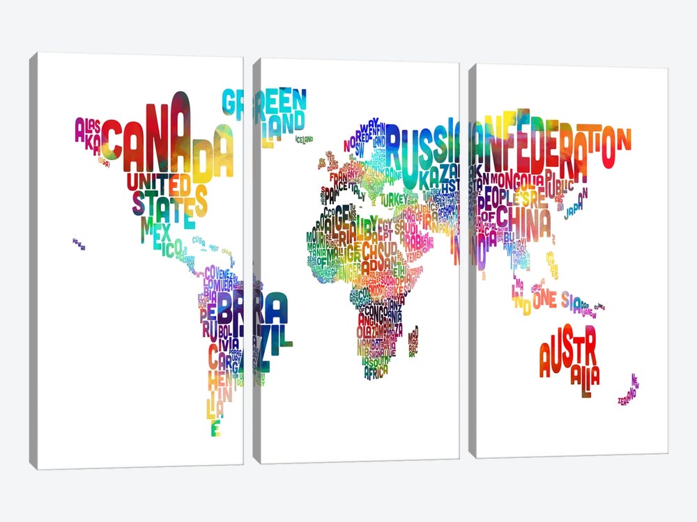 World (Countries) Typographic Map by Michael Tompsett 3-piece Canvas Art