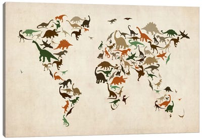 Dinosaurs Map of the World III Canvas Art Print - Abstract Maps Art