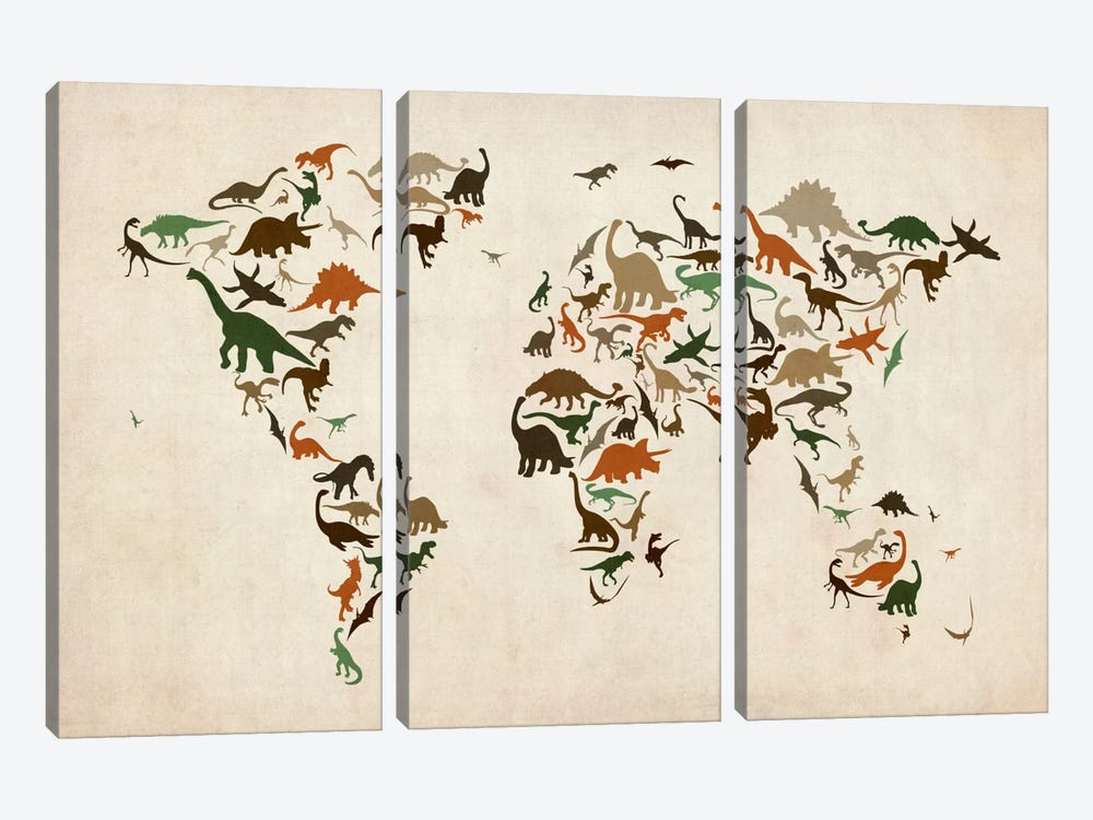 Dinosaurs Map of the World III 3-piece Art Print