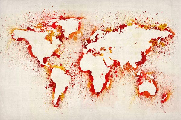 Abstract Watercolors: Orange Splash Map Of The World by Michael Tompsett