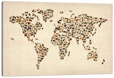 Cats World Map II Canvas Art Print - Kids Map Art