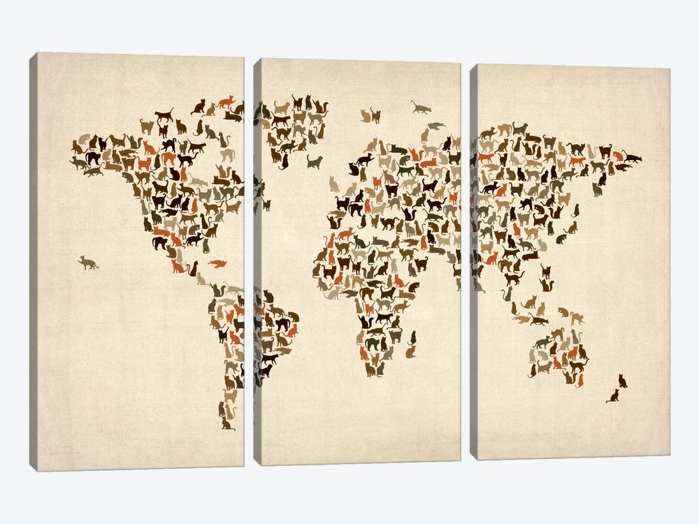 Cats World Map II by Michael Tompsett 3-piece Canvas Art