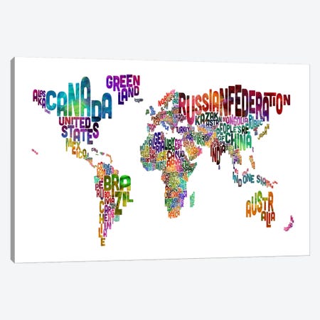 World (Countries) Typographic Map II Canvas Print #8966} by Michael Tompsett Canvas Artwork