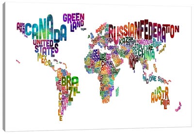World (Countries) Typographic Map II Canvas Art Print - Abstract Maps Art