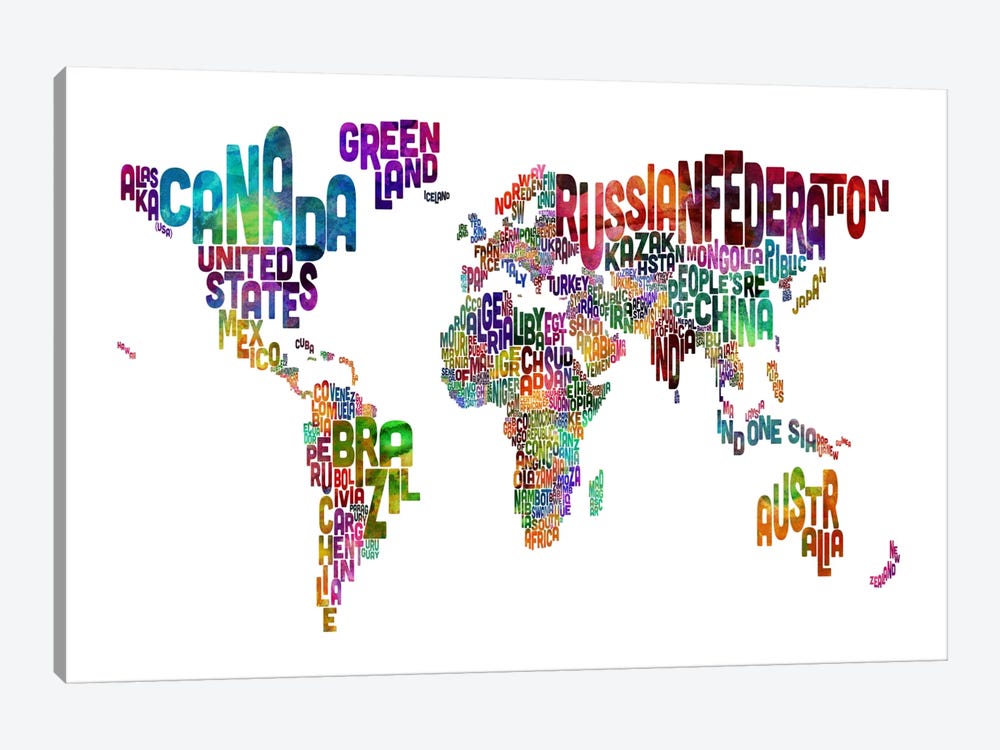 World (Countries) Typographic Map II by Michael Tompsett 1-piece Canvas Art Print
