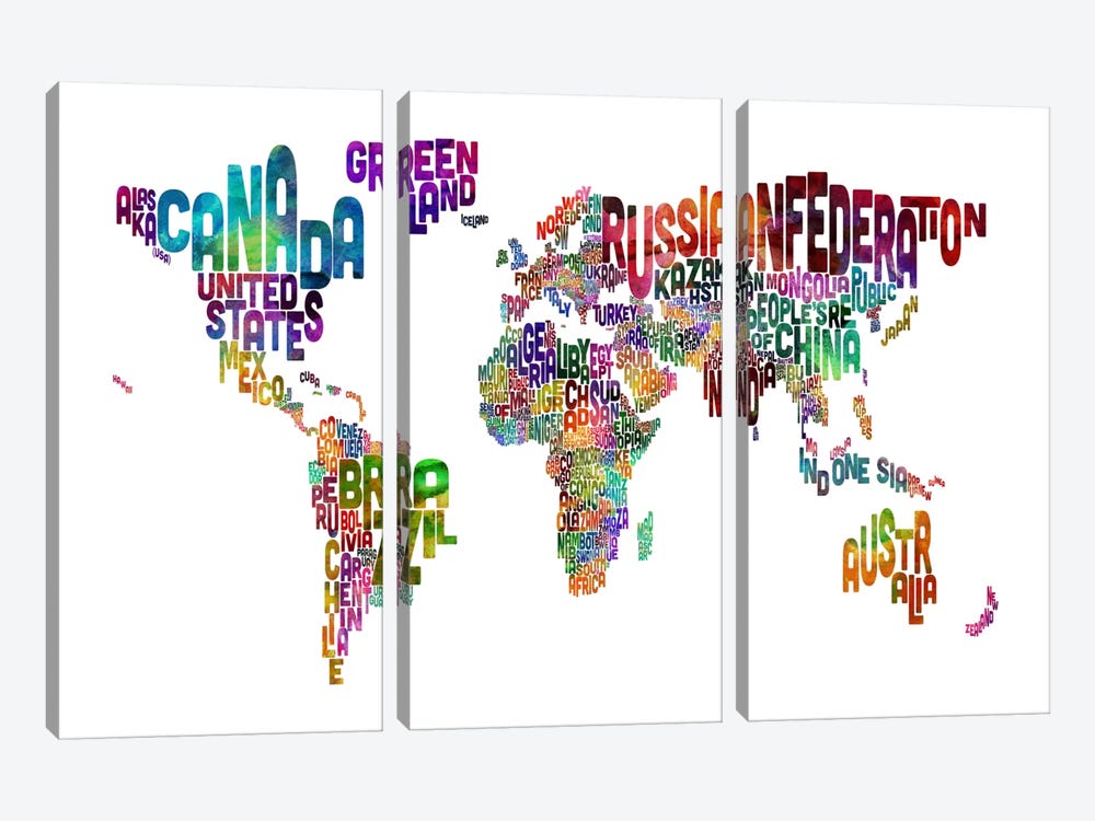 World (Countries) Typographic Map II by Michael Tompsett 3-piece Art Print