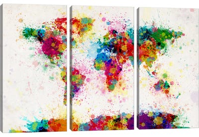 World Map Paint Drops III Canvas Art Print - 3-Piece Abstract Art