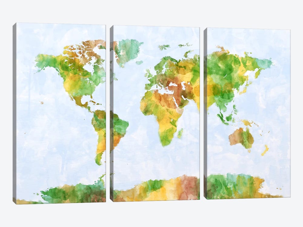 World Map (Green) by Michael Tompsett 3-piece Canvas Art