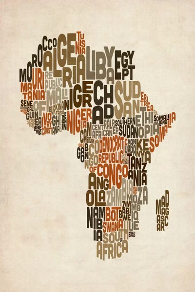 Maps: Typography (Countries) Map of Africa by Michael Tompsett