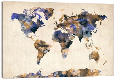 Urban Watercolor World Map V Canvas Art Print - Large Map Art