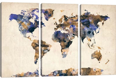 Urban Watercolor World Map V Canvas Art Print - 3-Piece Map Art