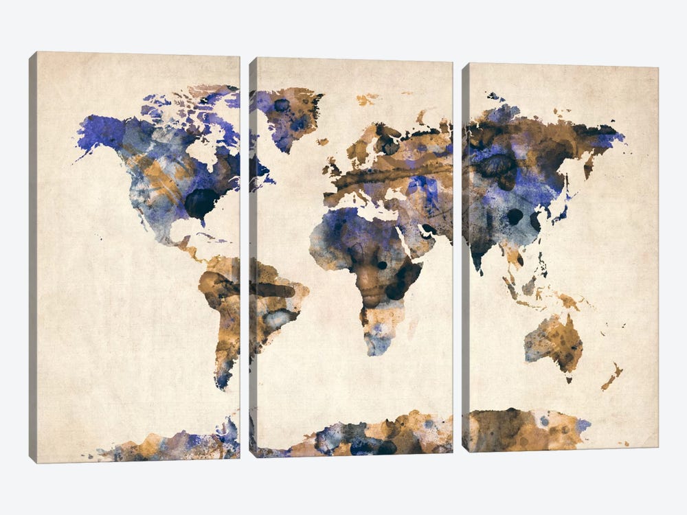 Urban Watercolor World Map V by Michael Tompsett 3-piece Canvas Art Print