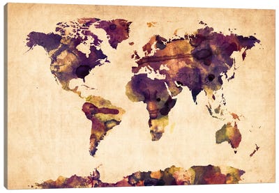 Urban Watercolor World Map VI Canvas Art Print - Best Selling Map Art