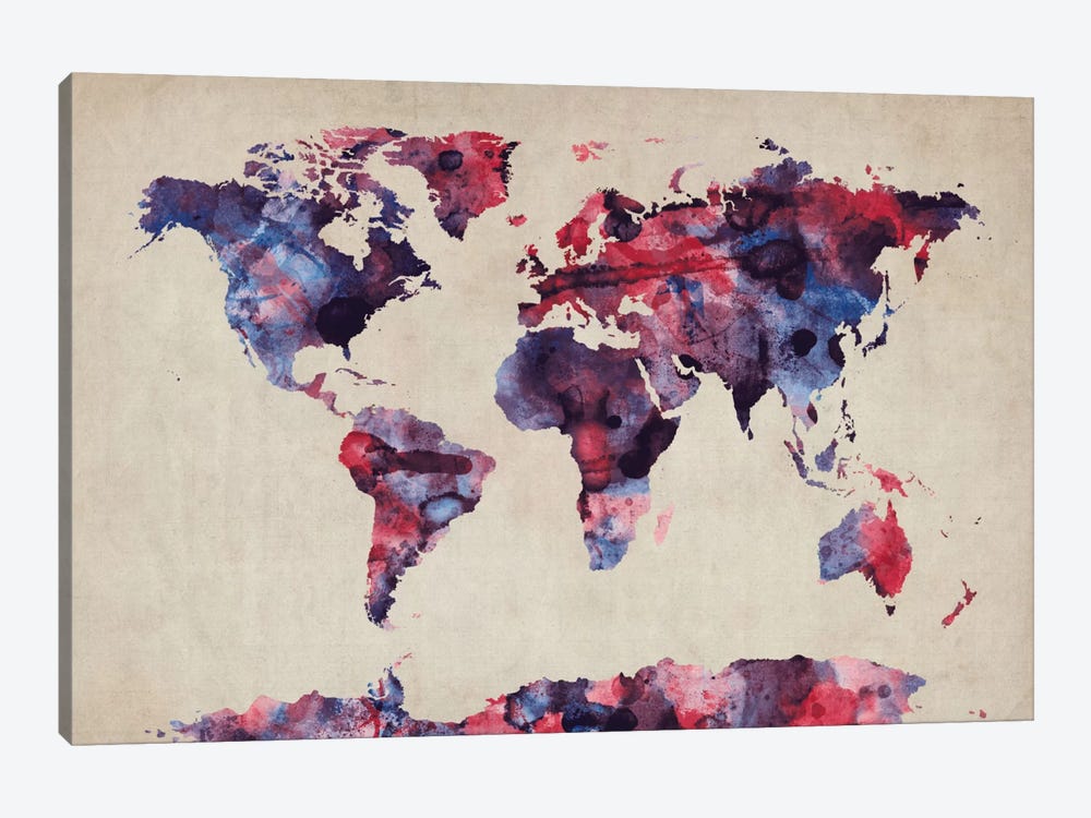 Urban Watercolor World Map VII by Michael Tompsett 1-piece Canvas Art Print