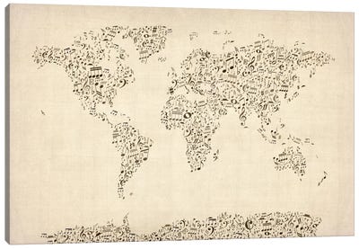 Music Notes Map of The World Canvas Art Print - 3-Piece Map Art
