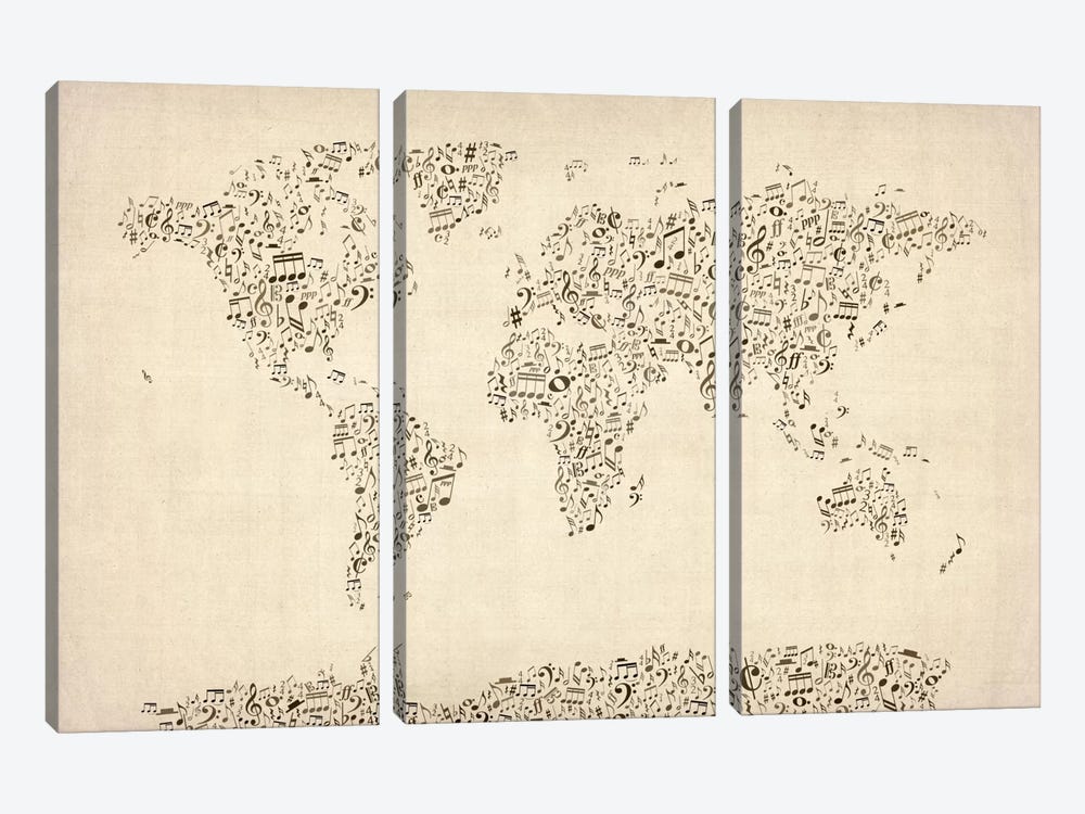 Music Notes Map of The World 3-piece Canvas Artwork